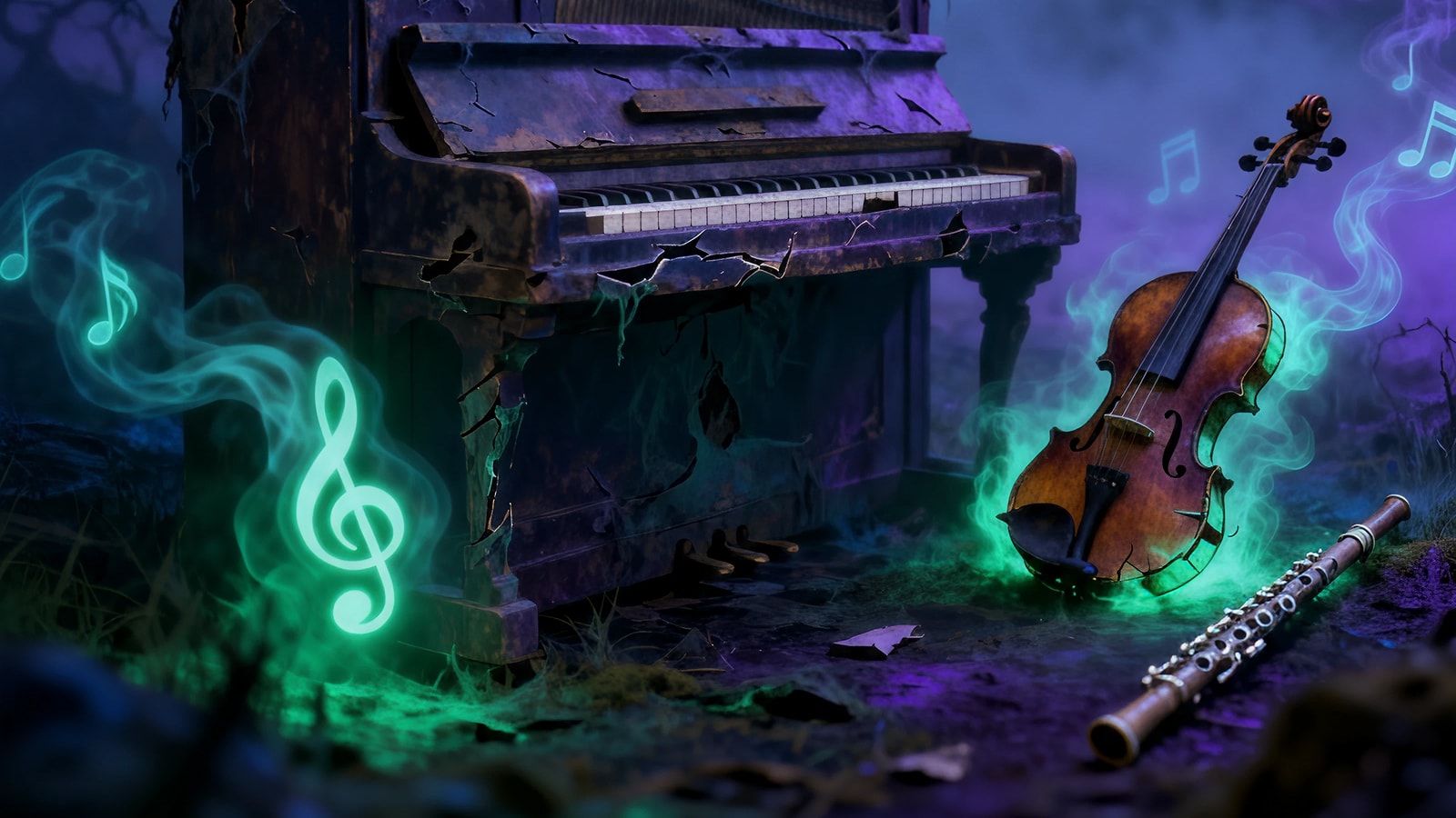 A spooky piano violin and oboe, with ghost notes