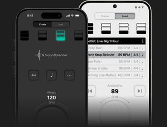 두 대의 스마트폰에 표시된 Soundbrenner 메트로놈 앱