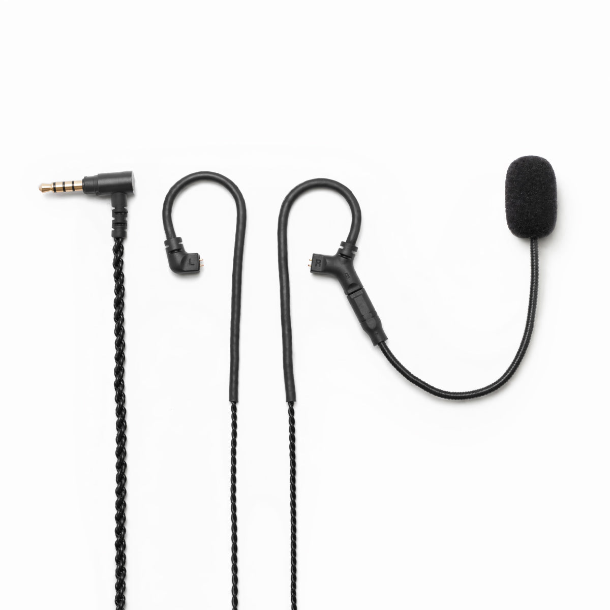 Wave audio cable with right-angle plug, two ear hooks, and foam-covered microphone