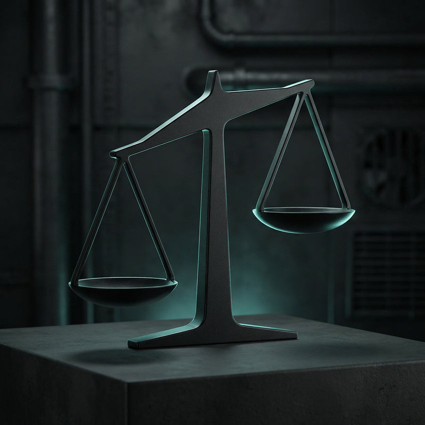 Balance scale sculpture on a pedestal