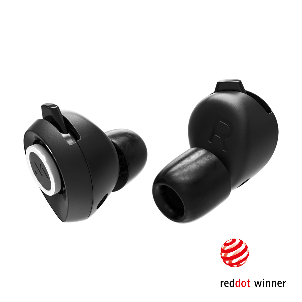 Black Minuendo earplugs shown with a Red Dot Winner badge