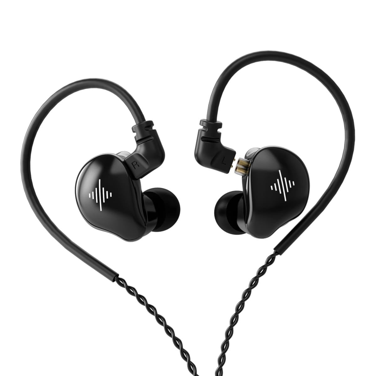 Pair of black wired Wave in-ear monitors with cable, viewed from the side by side