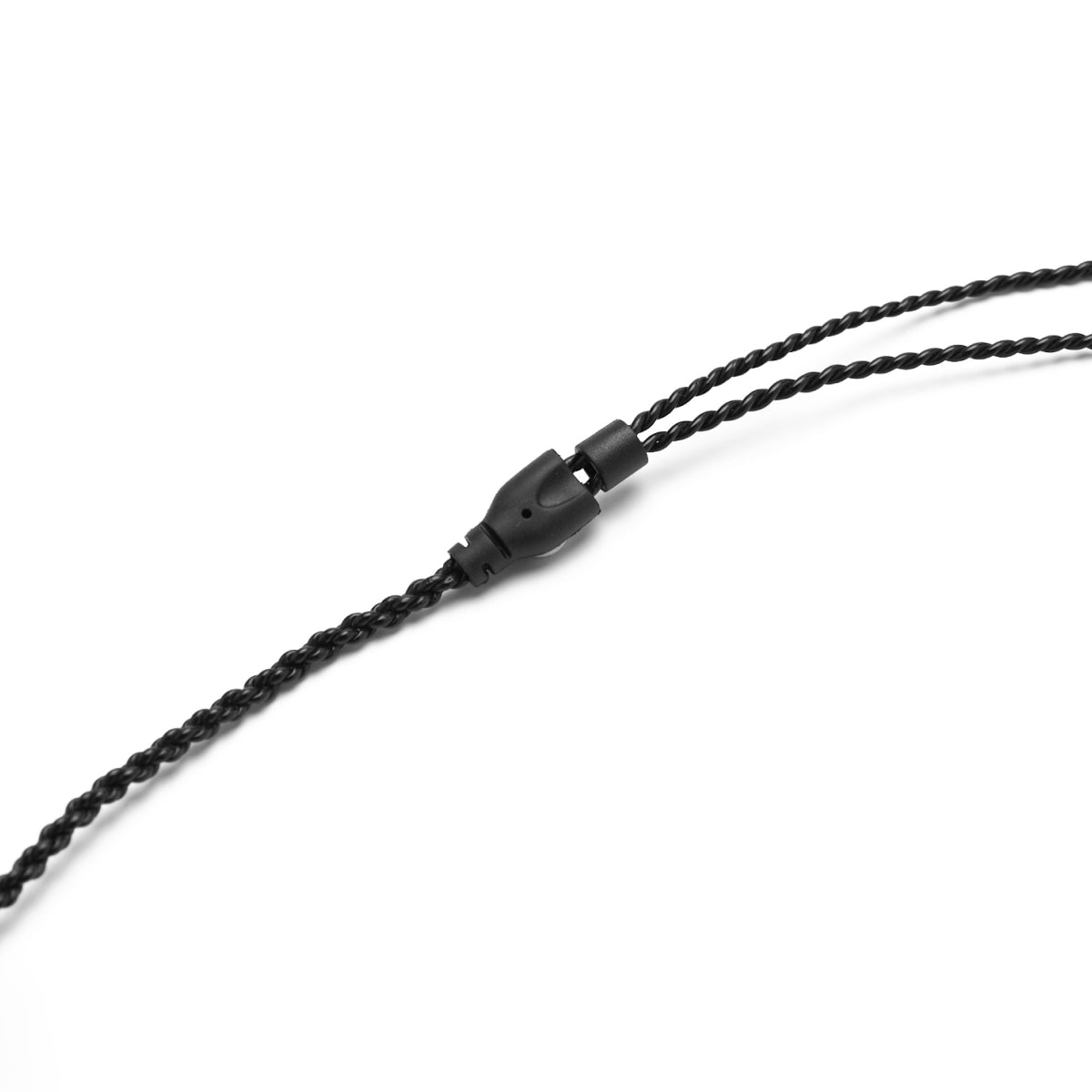 Close-up of a braided black cable and its inline component