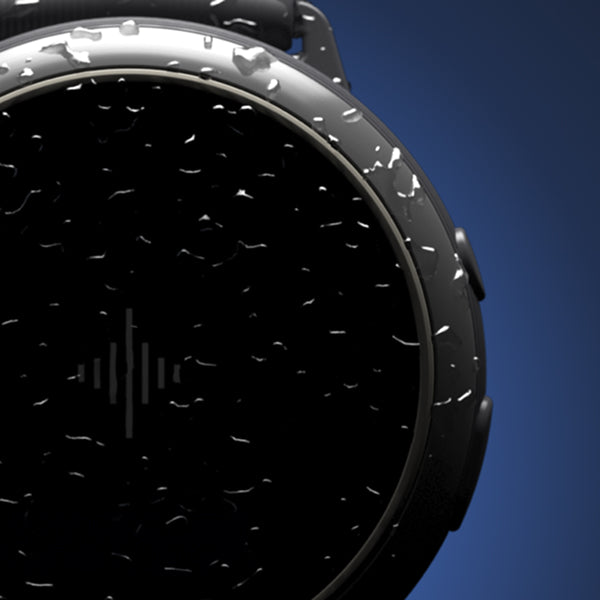Close-up of a black Core 2 device face covered with water droplets