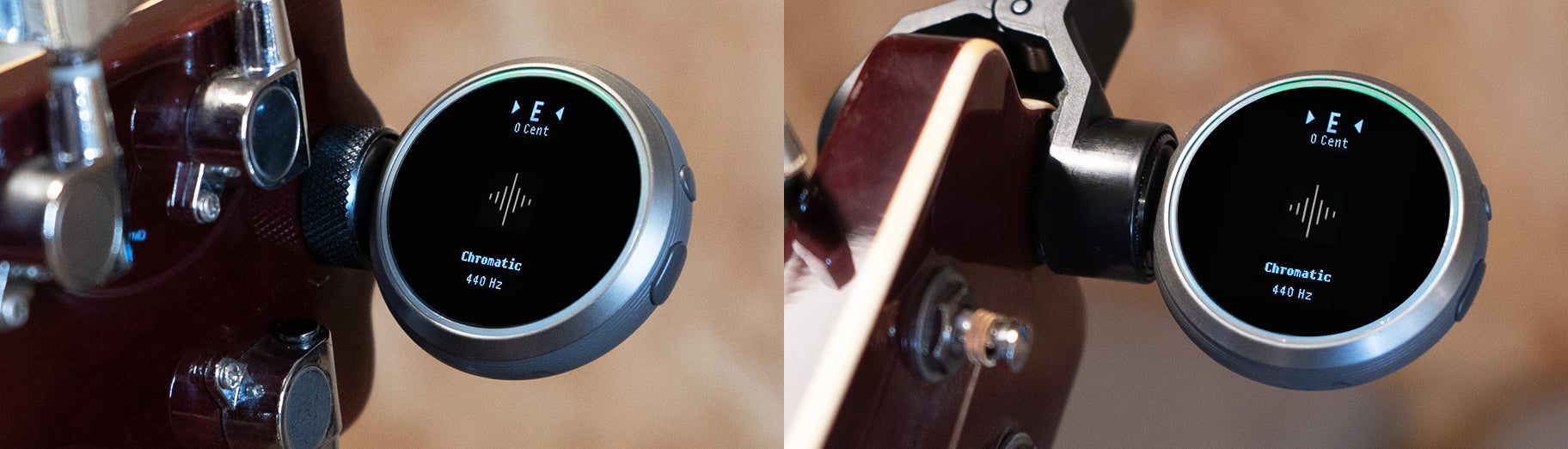Two close-ups show a Core 2 watch mounted on drum hardware