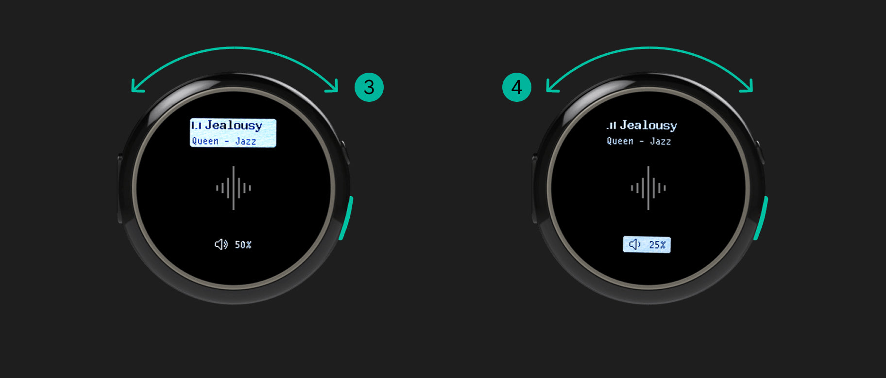 Two Core 2 watch screens show music information with circular navigation arrows