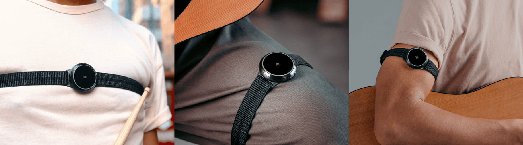 Three views show a Core 2 watch worn on a chest strap, leg, and wrist