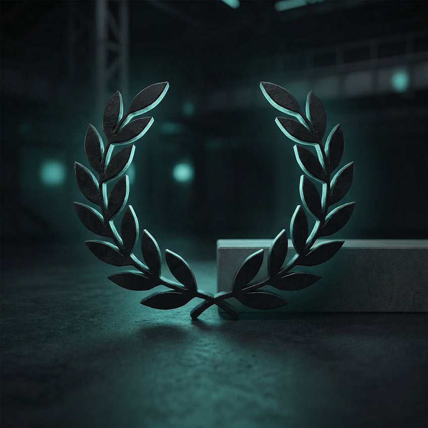 Dark laurel wreath sculpture on a platform