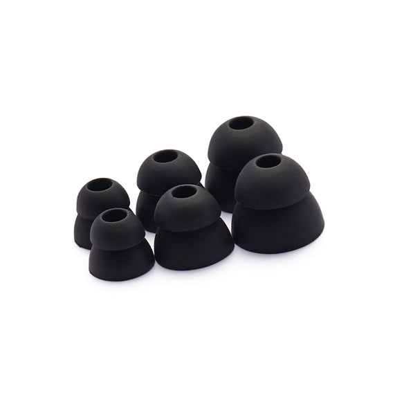 Six black double-flange ear tips arranged on a white background