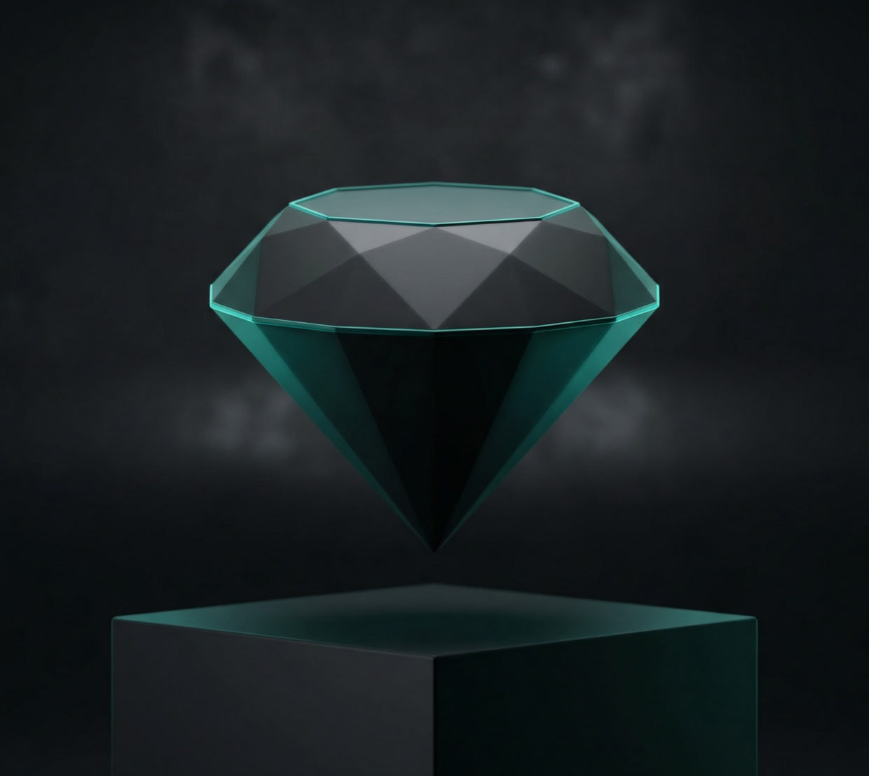 Faceted teal diamond floating above a dark pedestal