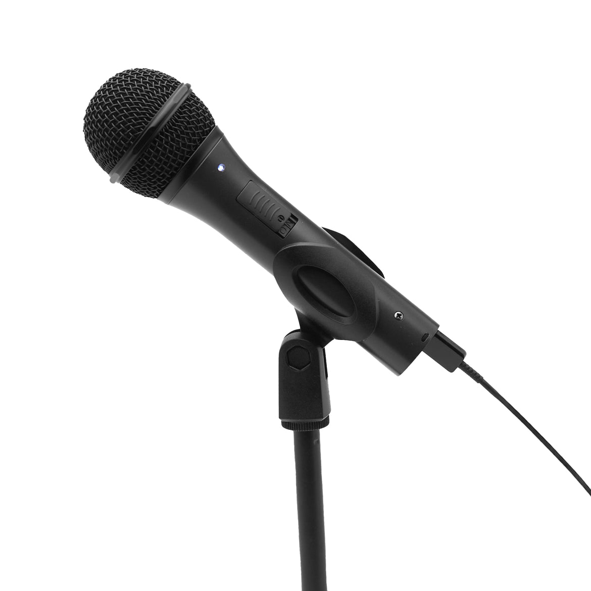 Flow microphone with USB-C cable mounted on a stand