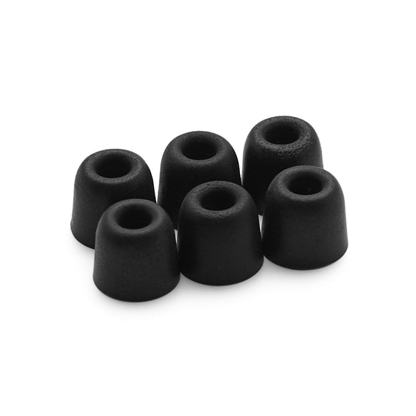 Six black foam ear tips, size L, grouped on a white background