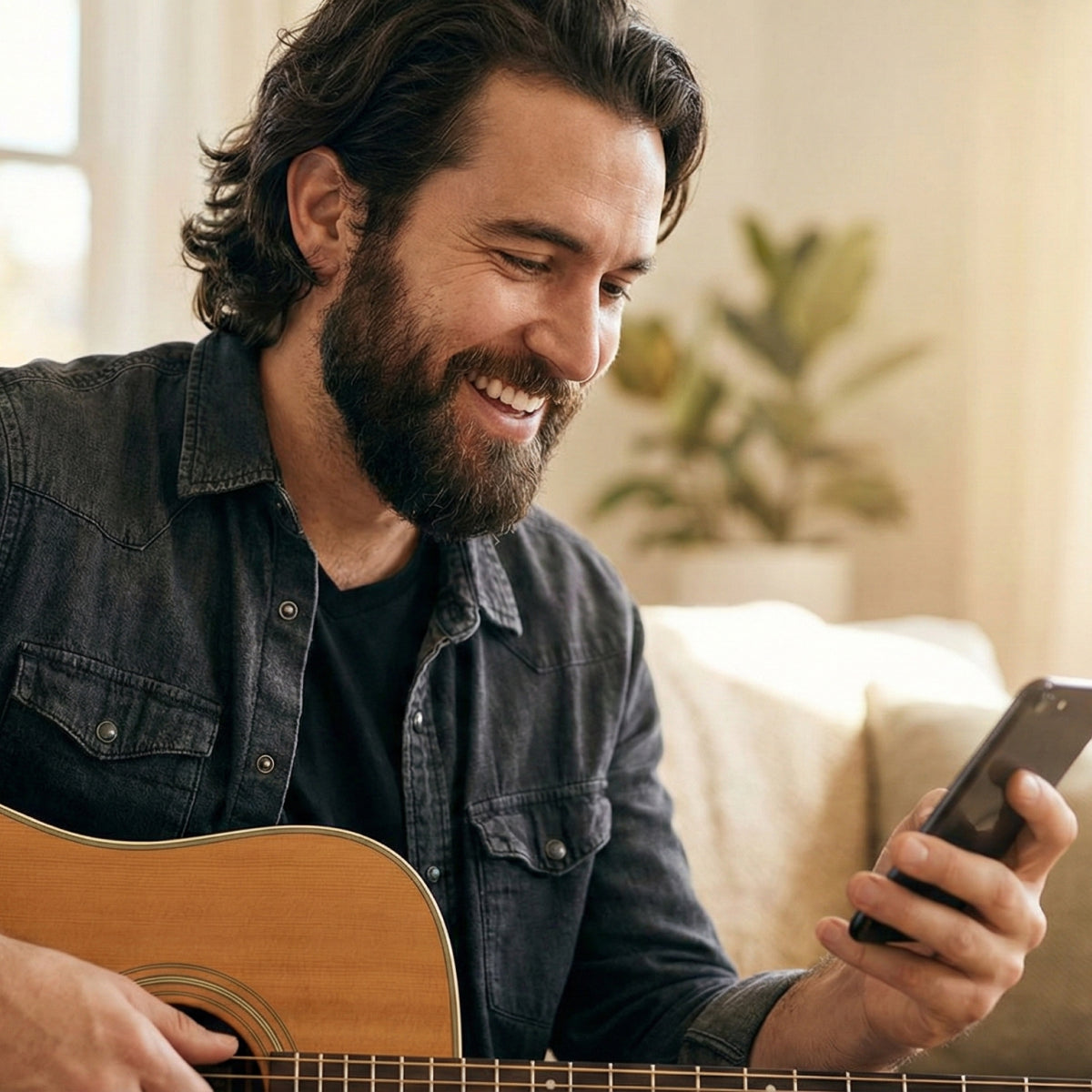 Lächelnder Mann, der Akustikgitarre spielt und dabei auf ein Smartphone schaut