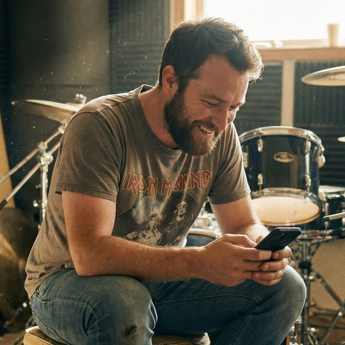 Homme souriant utilisant un smartphone dans un studio d’enregistrement avec une batterie derrière lui