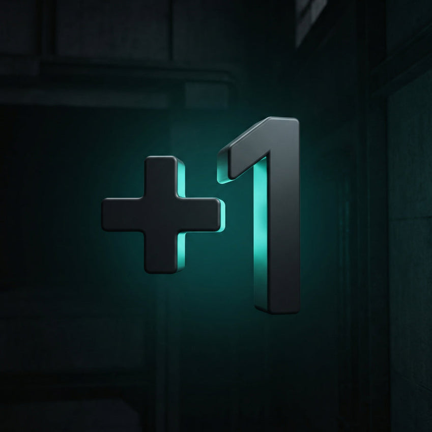 Metallic plus sign and numeral one against a dark teal background