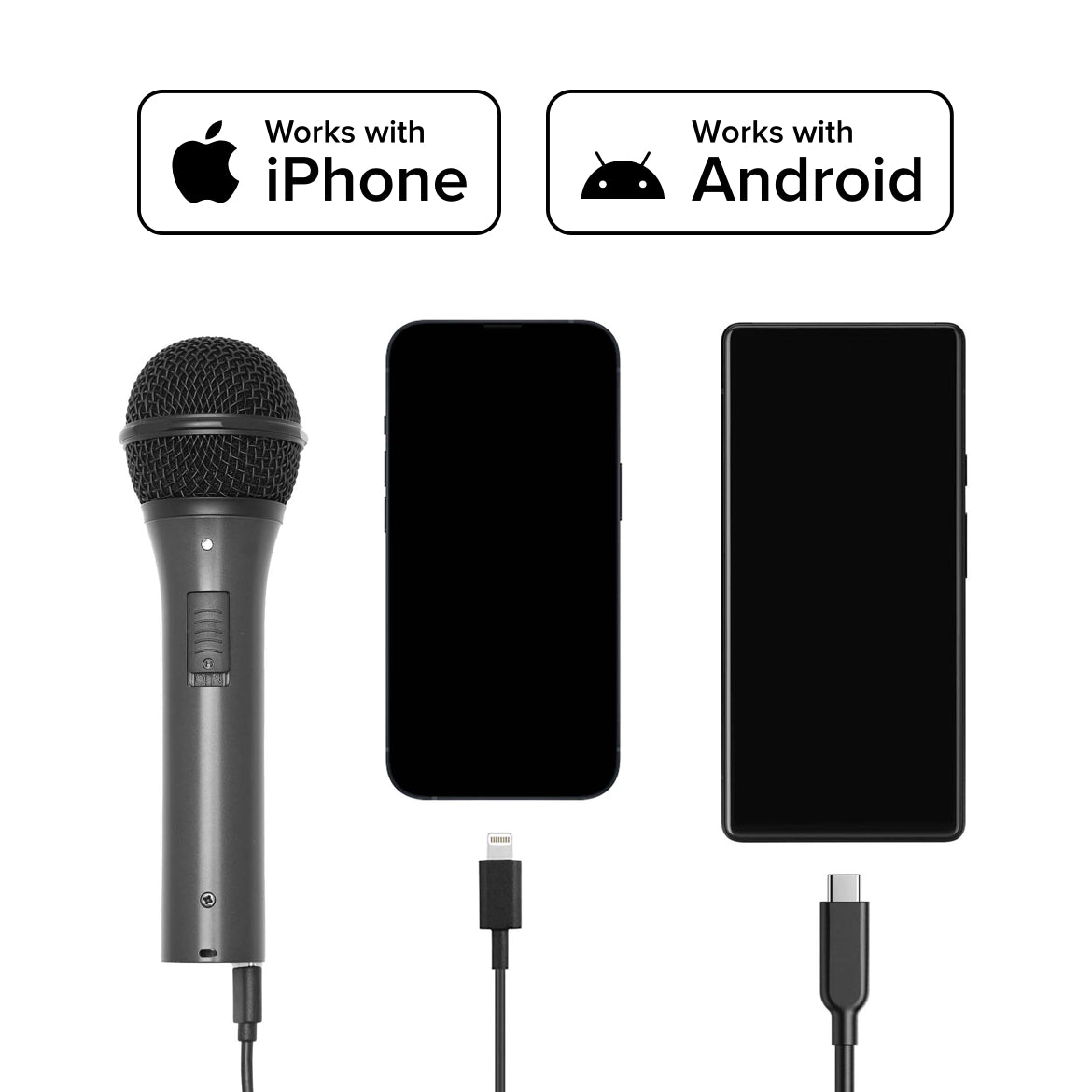 Flow microphone with USB adapters beside two smartphones labeled for iPhone and Android