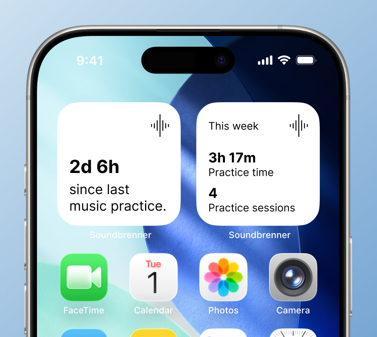 Phone widgets showing 2 days 6 hours since last music practice and four practice sessions this week