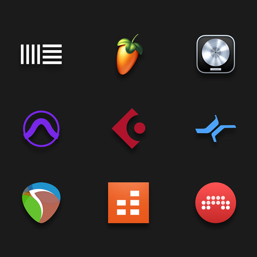 Grid of colorful music software and audio app logos