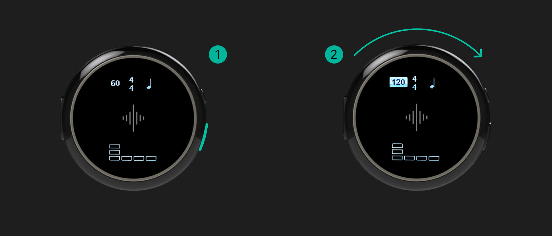 Two numbered wearable displays show a setting changing from 60 to 120