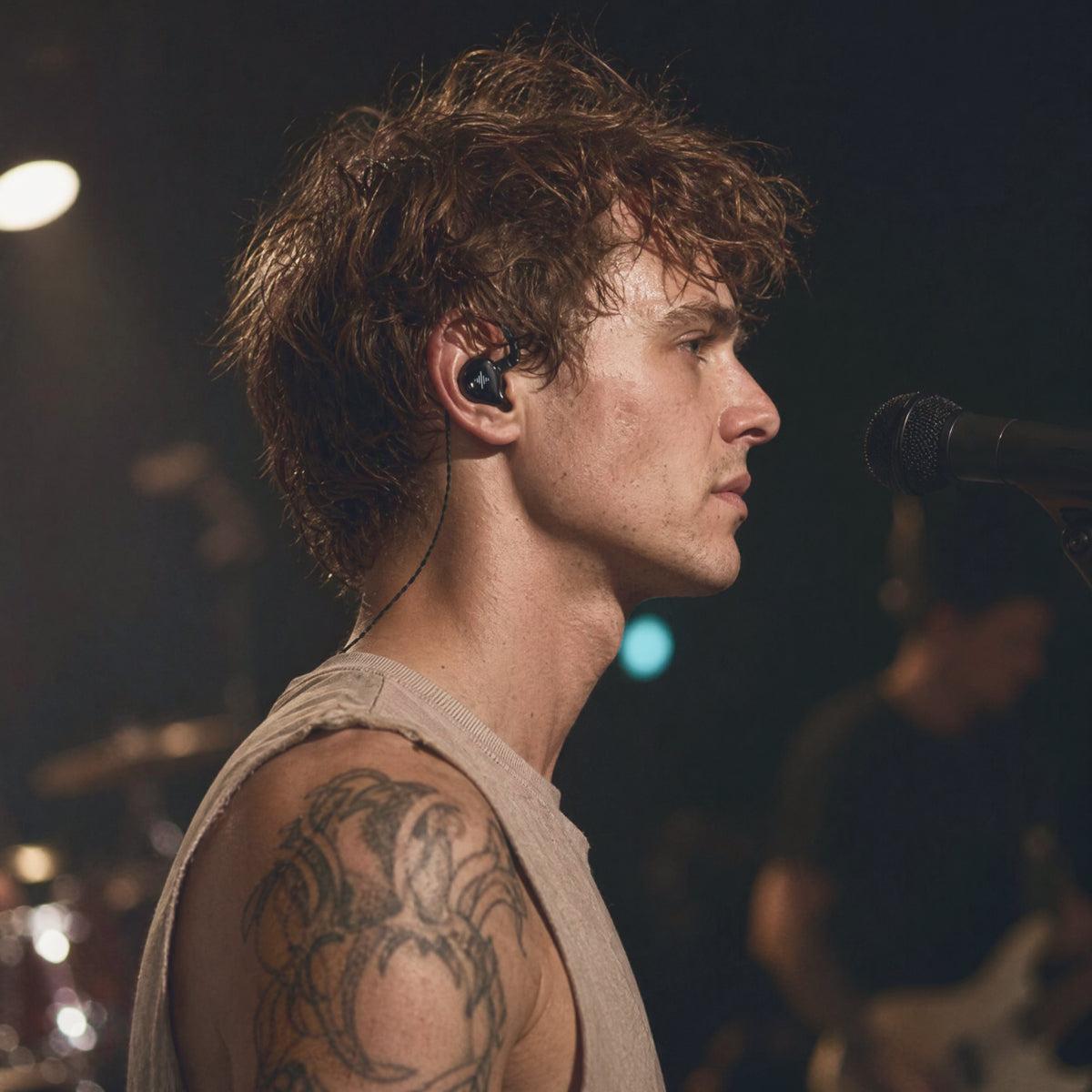 Performer wearing a black in-ear monitor beside a microphone on stage