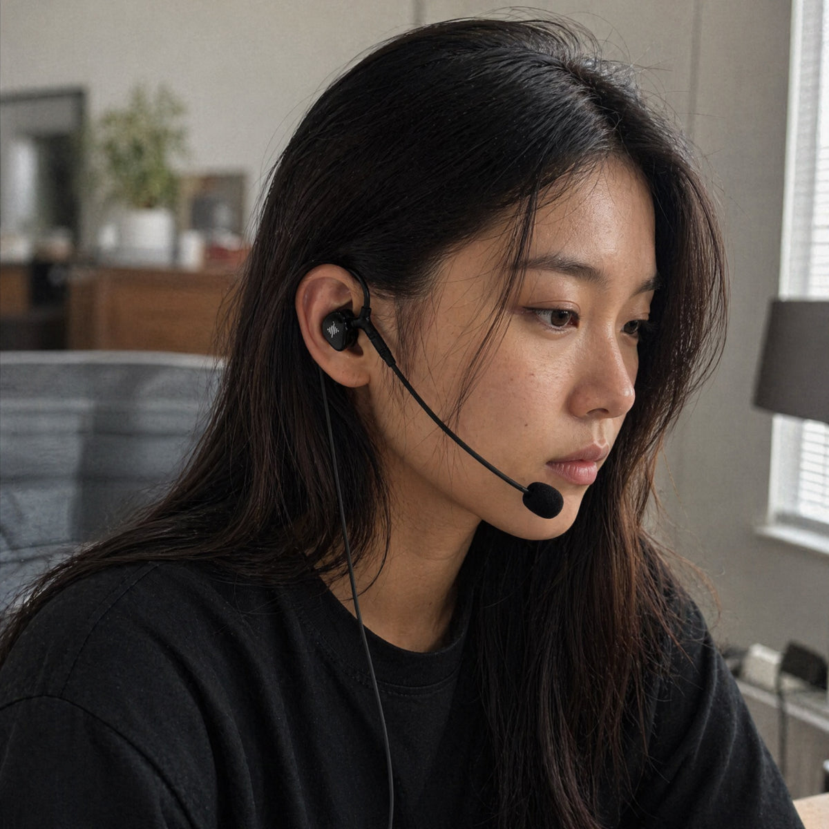 Person wearing black wired earphones with a boom microphone