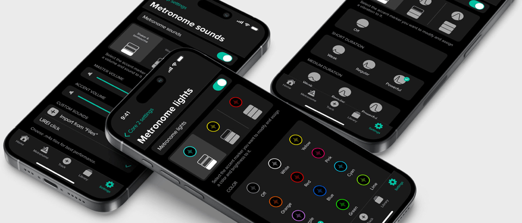 Four smartphones showing metronome app controls