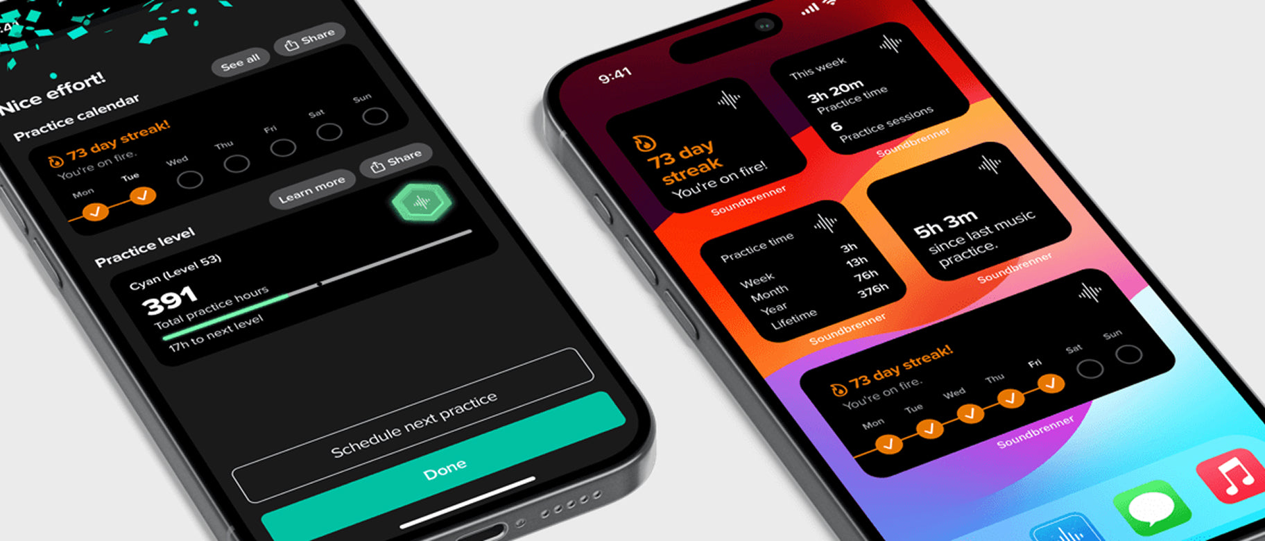Two smartphones showing music practice app screens
