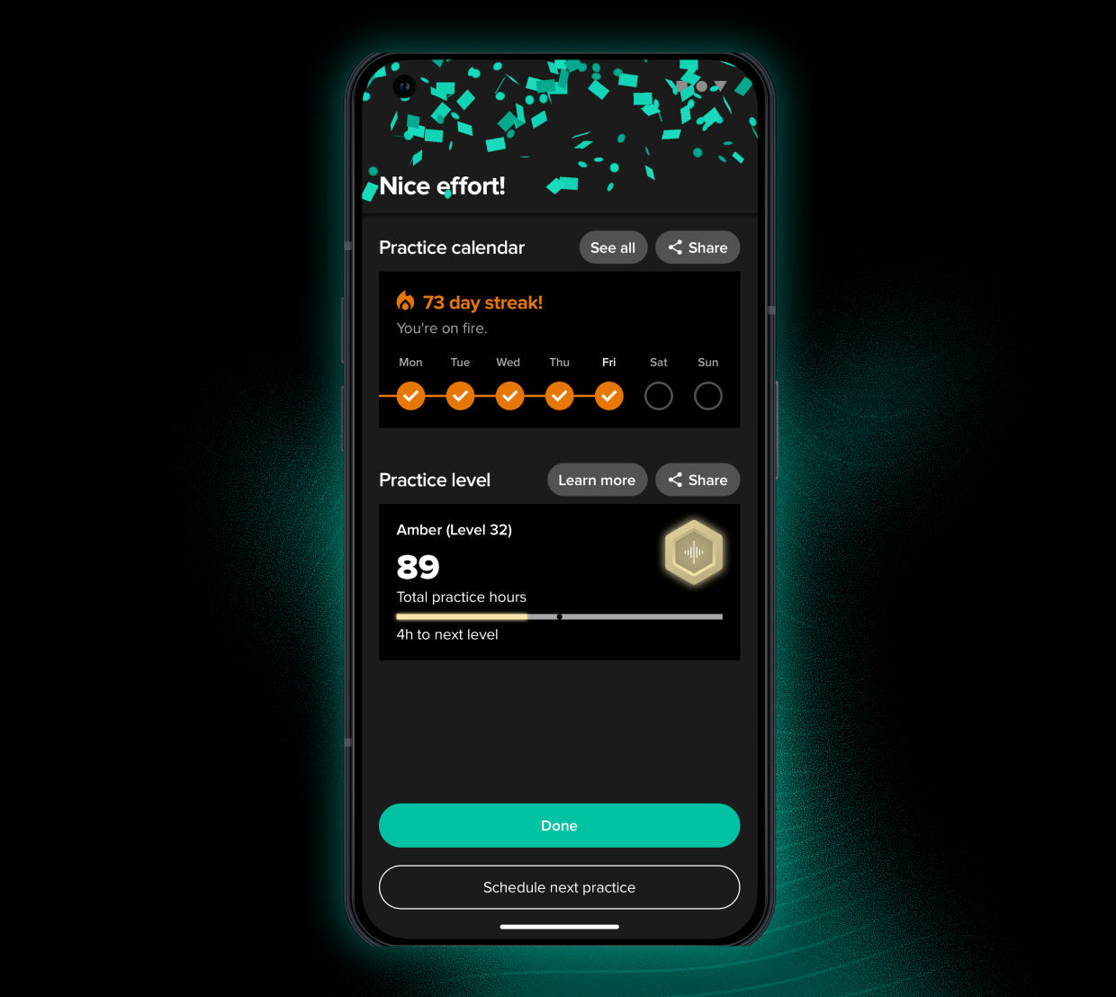 Smartphone displaying a practice calendar with a 73-day streak and practice level