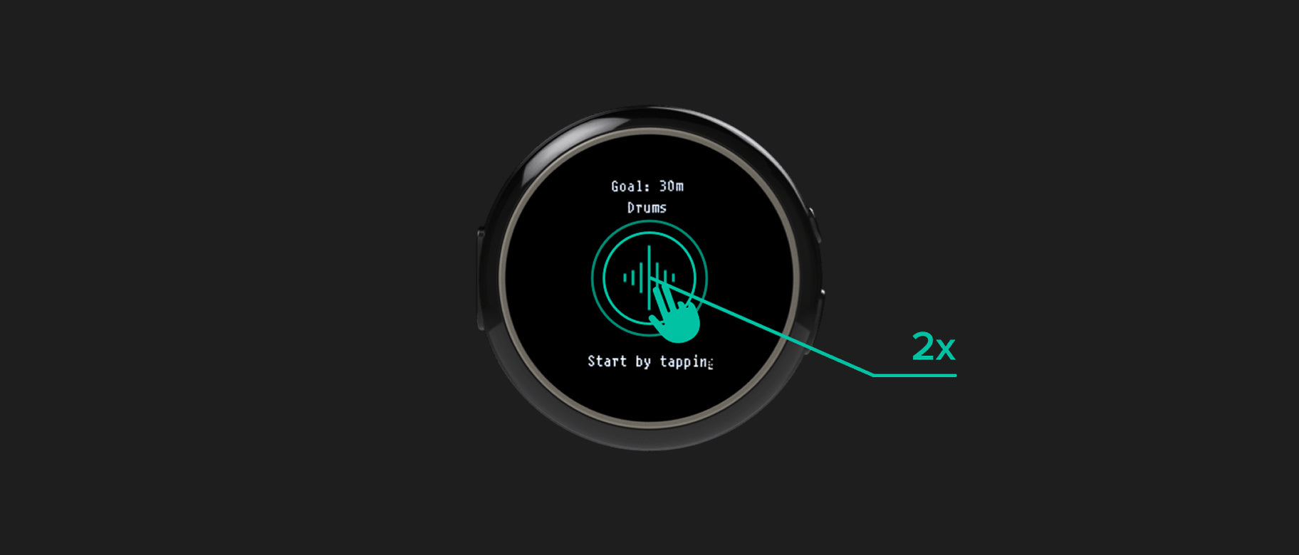 Round practice device displaying a waveform with a 2x callout and tapping instructions