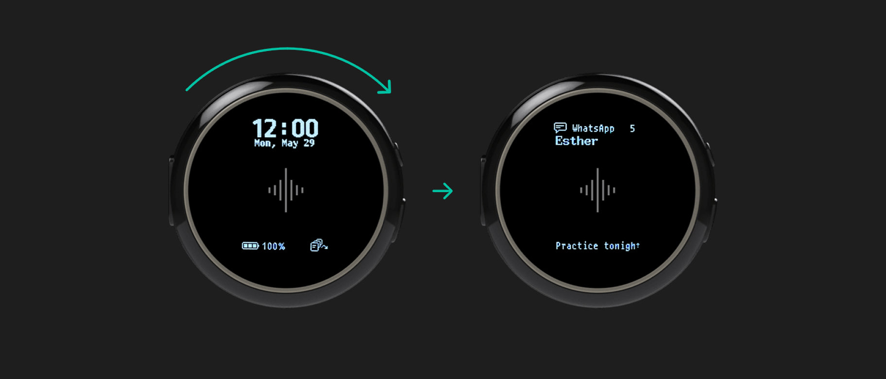 Two wearable displays connected by arrows, showing time and a practice reminder