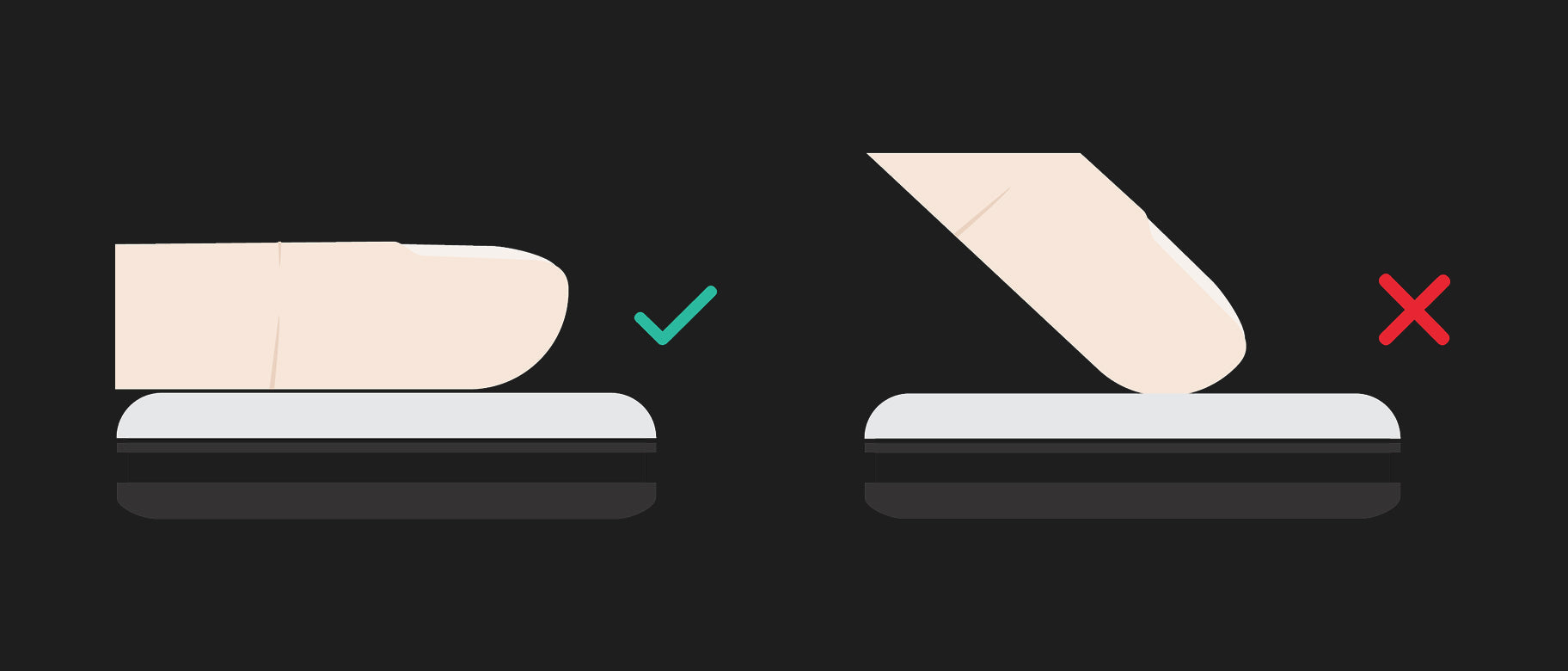 Illustrated correct and incorrect finger placement on a Pulse metronome