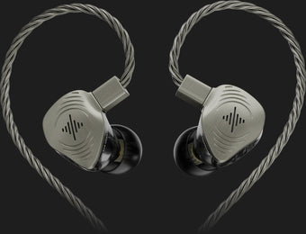 Pair of silver in-ear monitors with braided cables on a dark background