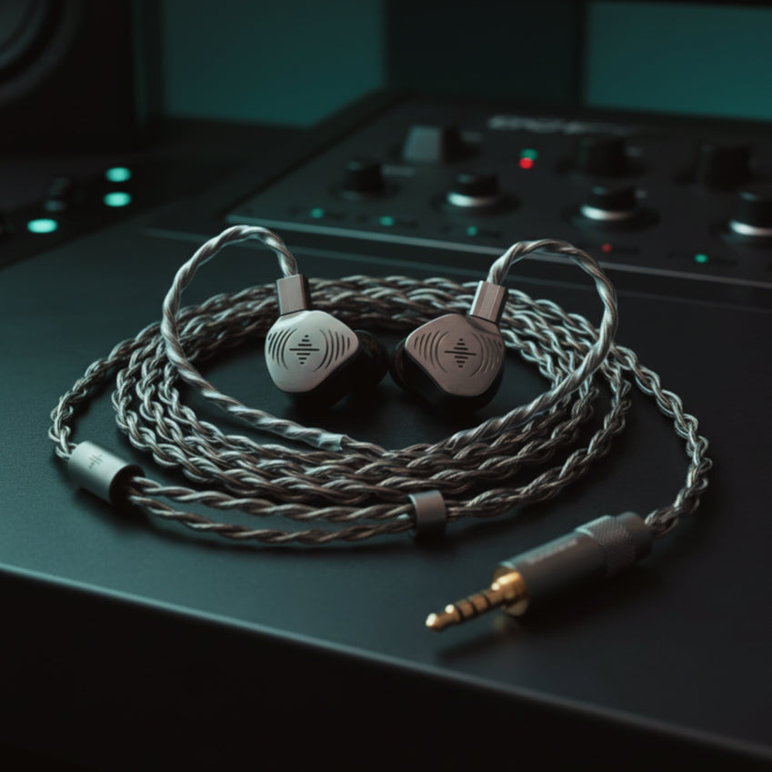 Pair of silver in-ear monitors with coiled braided cable and audio plug