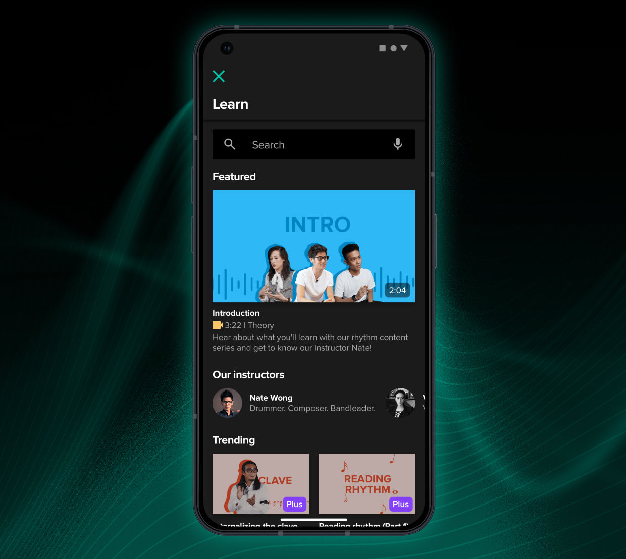 Smartphone displaying a music learning app with a featured lesson, instructors, and trending lessons