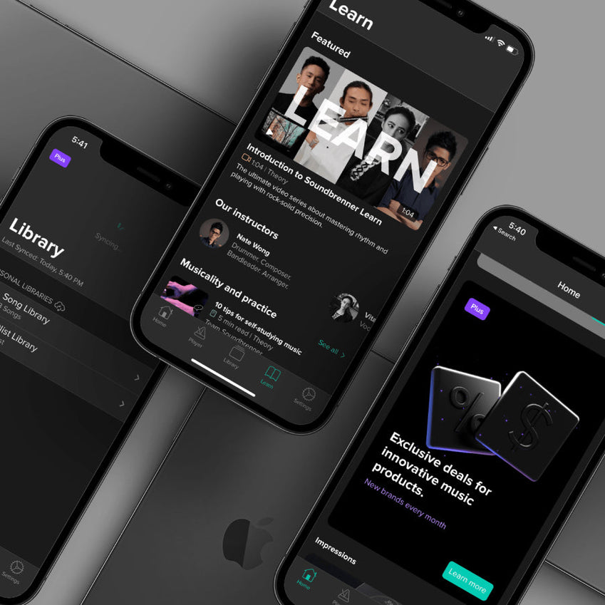 Three smartphones displaying music library, lessons, and home screens
