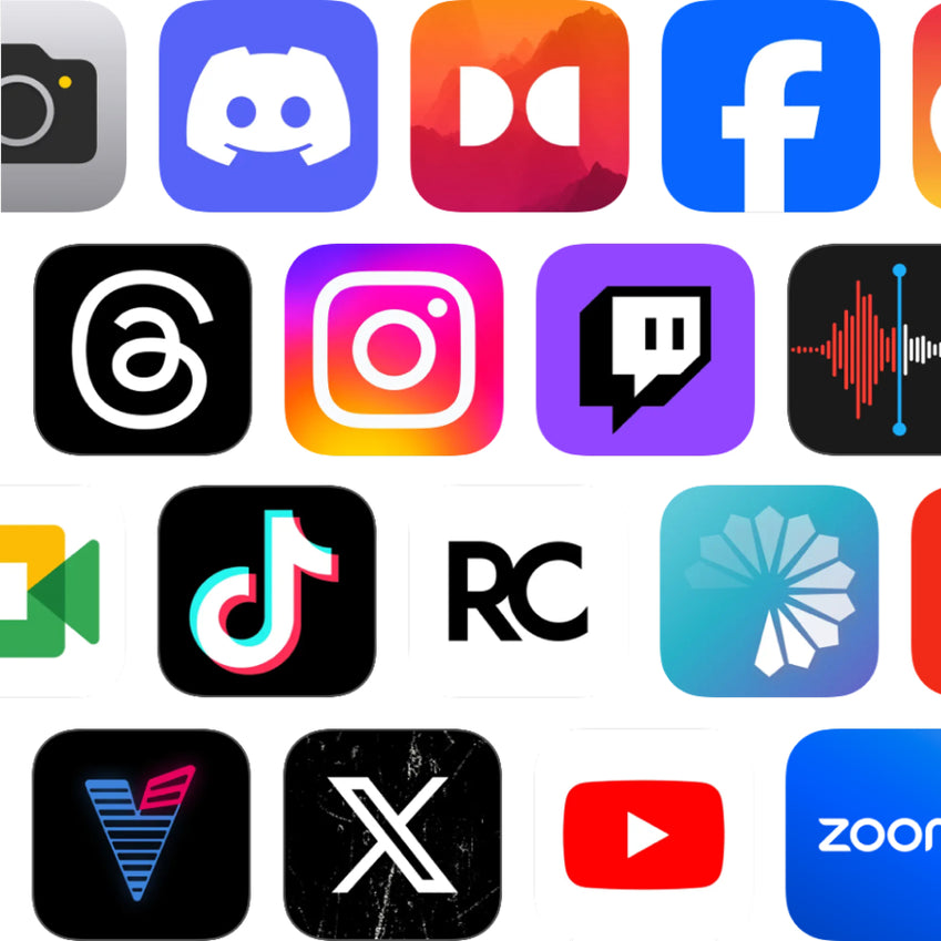 Collage of social media and video app icons including Instagram, Twitch, TikTok, and YouTube