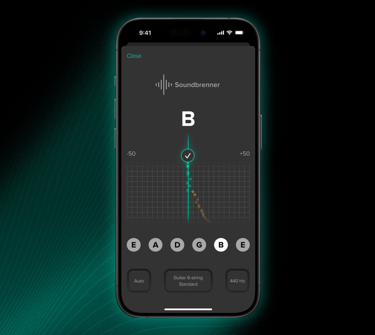 Smartphone displaying the Soundbrenner app with a B note and pitch graph