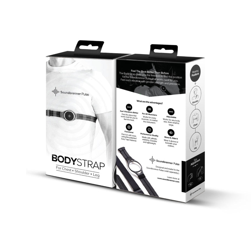 Soundbrenner BodyStrap packaging showing the strap for chest, shoulder, and leg