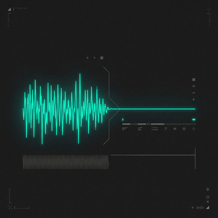 Turquoise audio waveform graphic with a thin horizontal line on a dark background