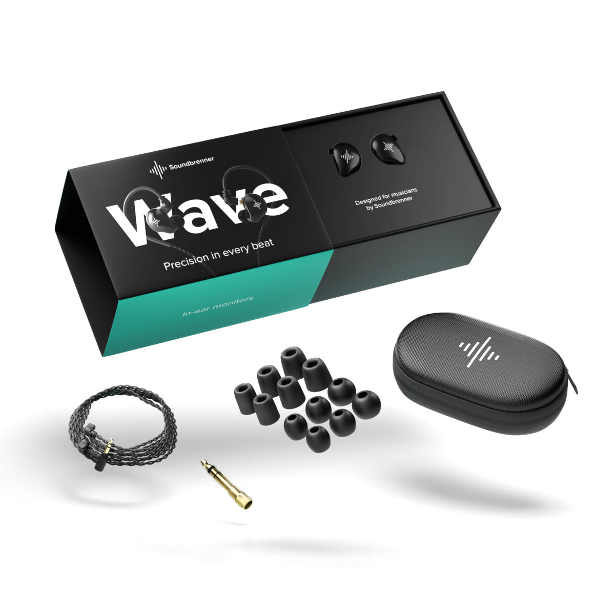 Wave in-ear monitors with carrying case, ear tips, cable, adapter, and packaging