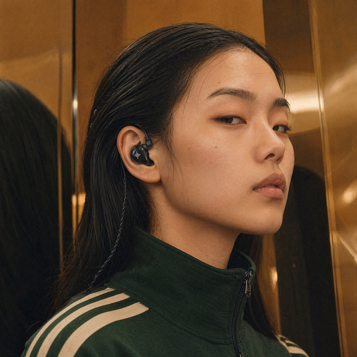 Person wearing a black Wave in-ear monitor