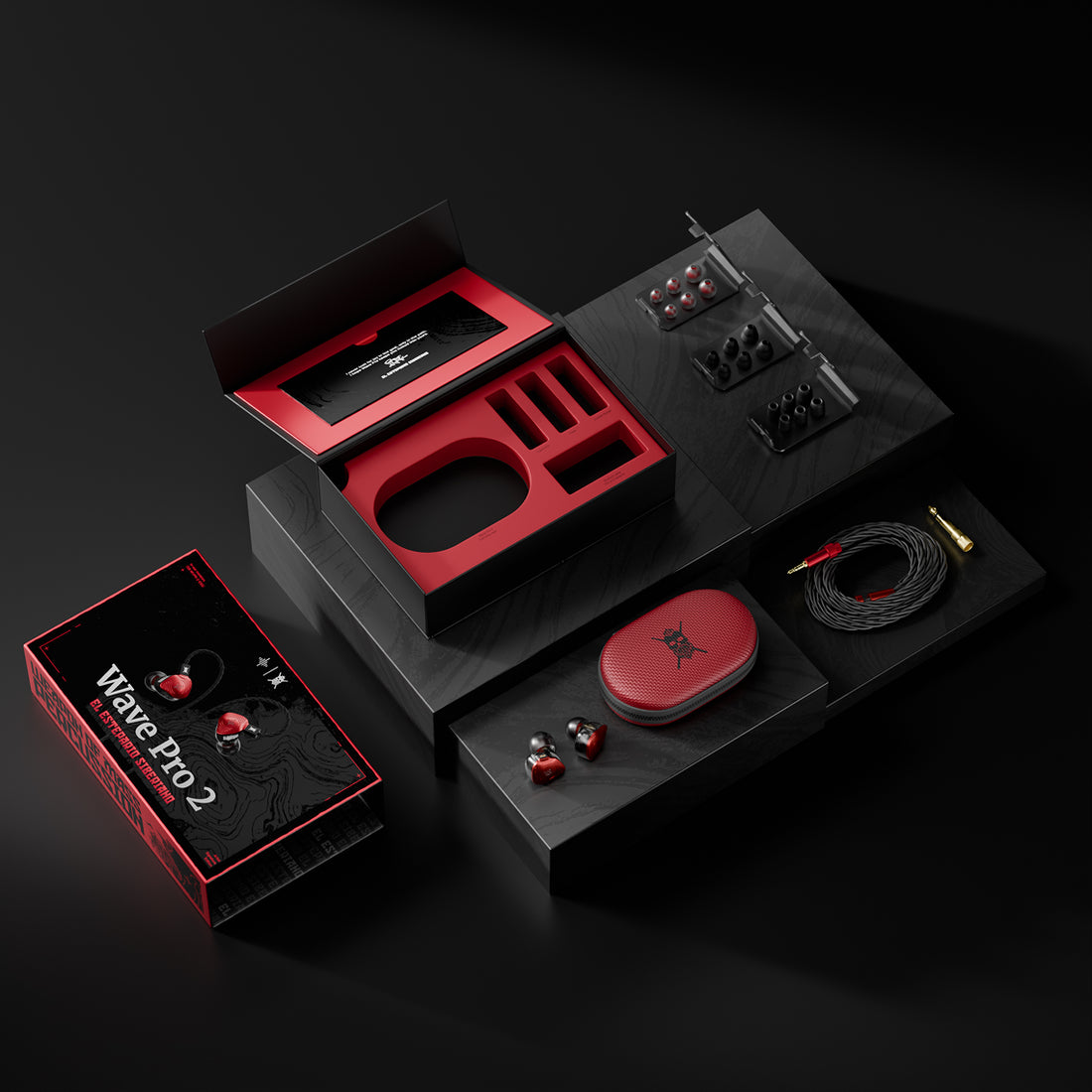 Wave Pro 2 El Estepario Siberiano in-ear monitors with red carrying case, cable, ear tips and packaging