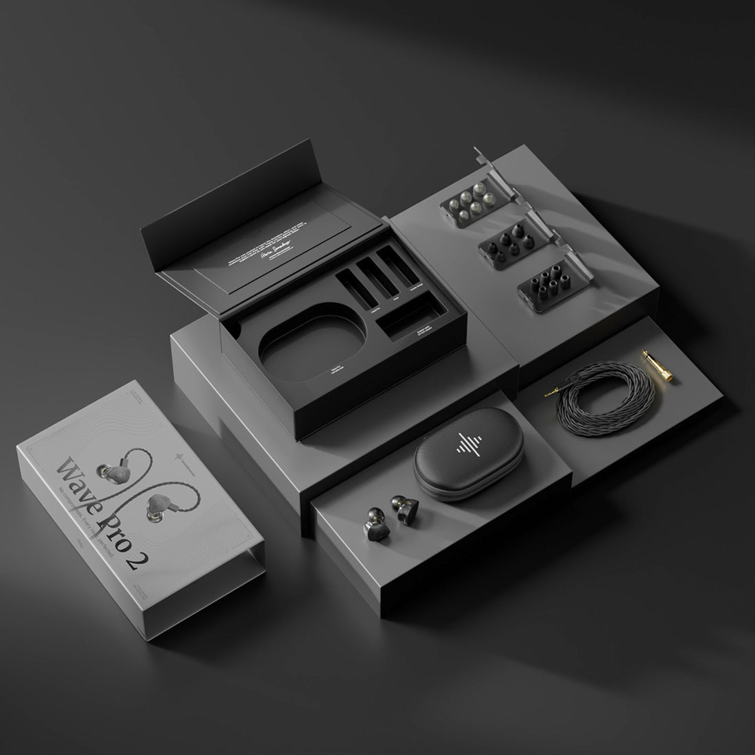 Wave Pro 2 packaging with box, carrying case, cable, and ear tips laid out