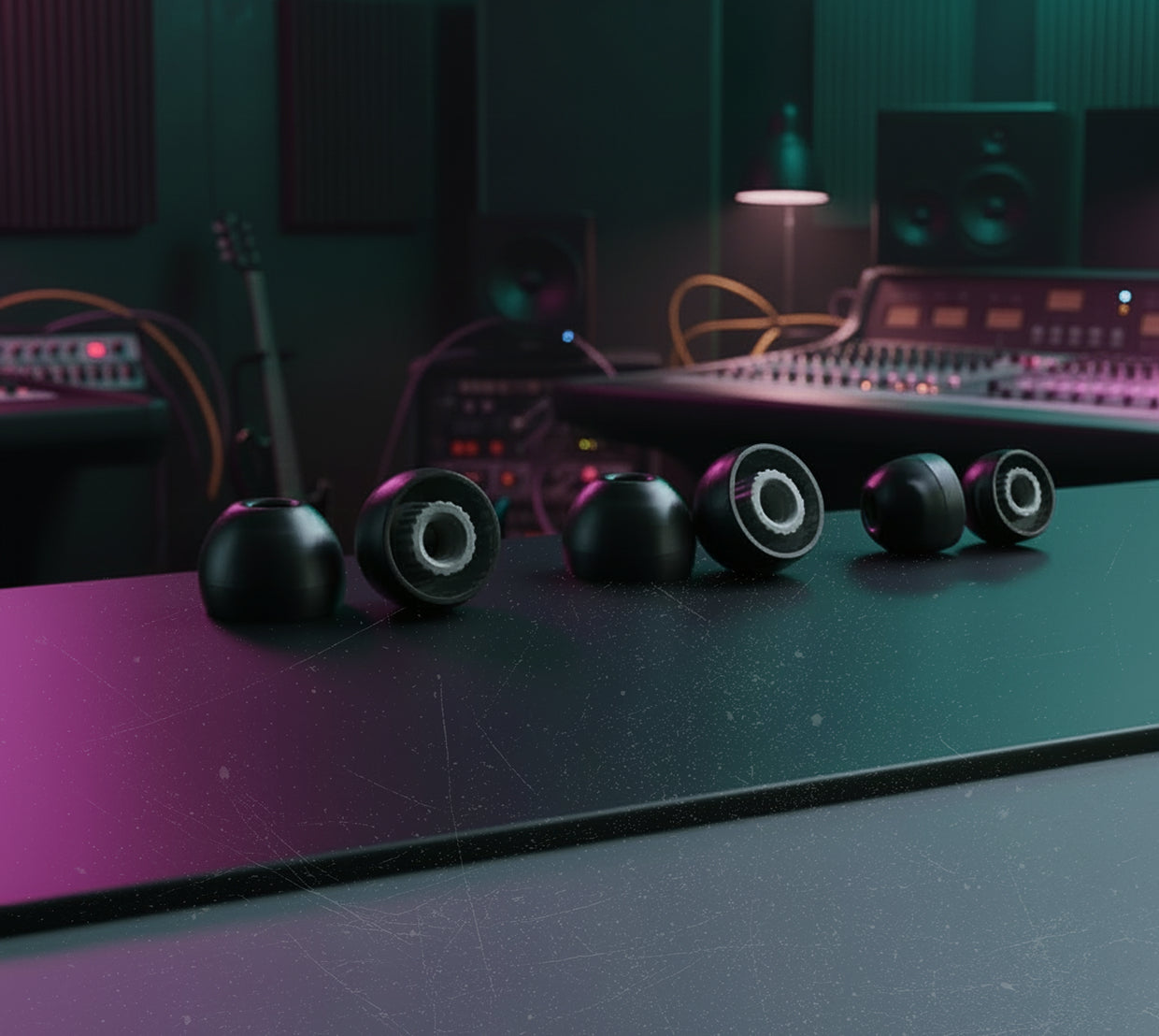 Black in-ear monitors arranged on a studio table