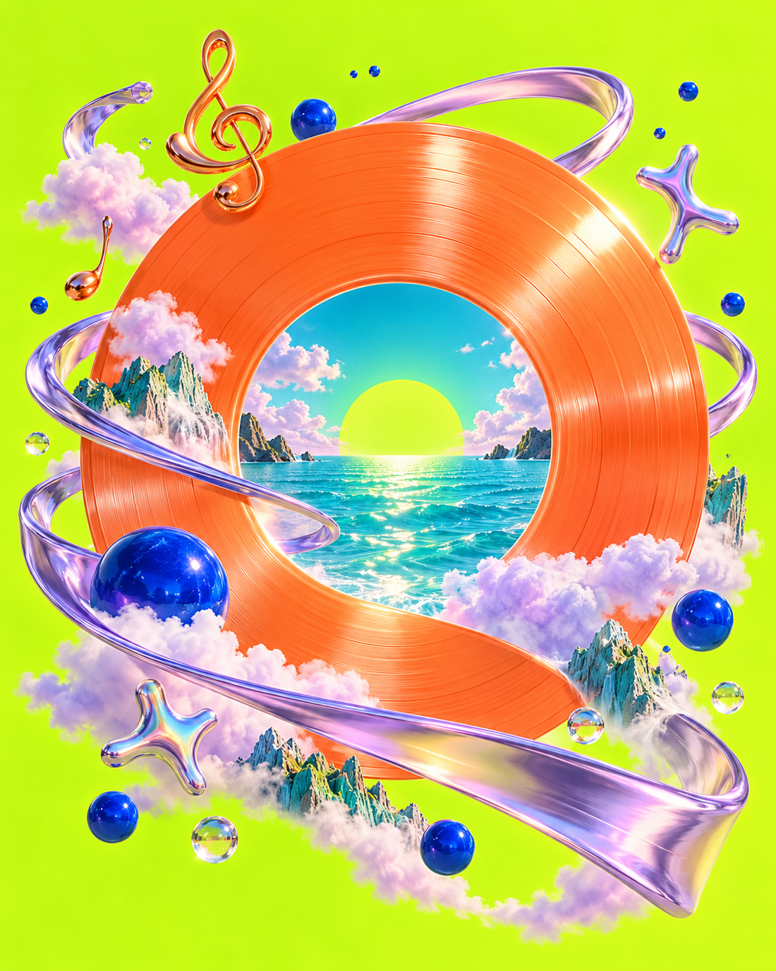 Portal surrealista de vinilo naranja que se abre a un mar turquesa