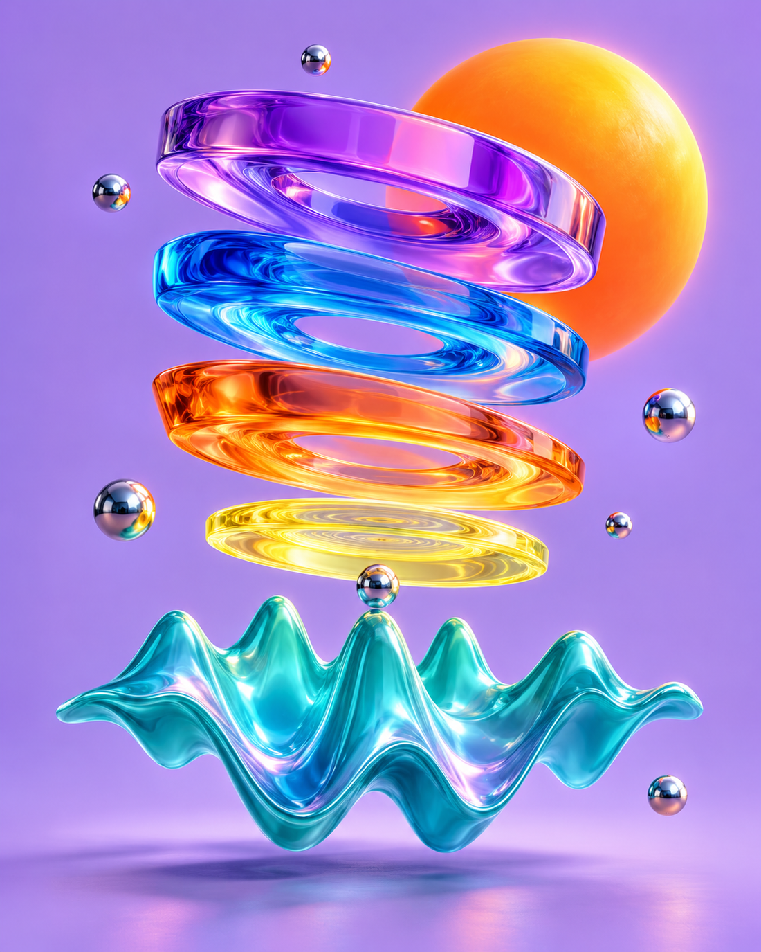 Anillos surrealistas de colores flotando sobre una onda sonora turquesa