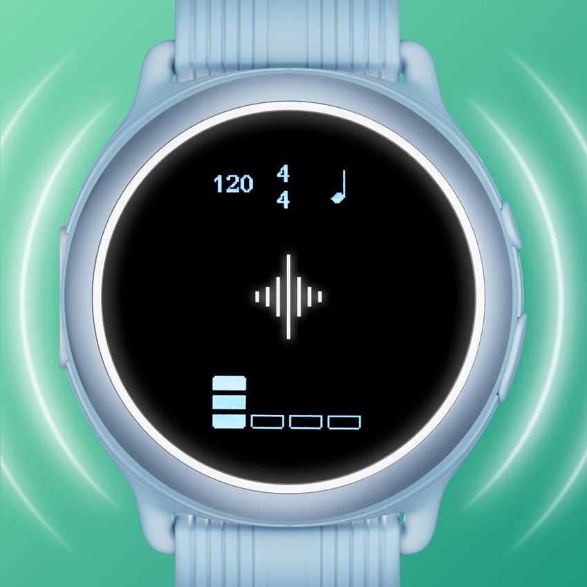 Light blue wearable device displaying 120, 4/4, a music note, and level bars