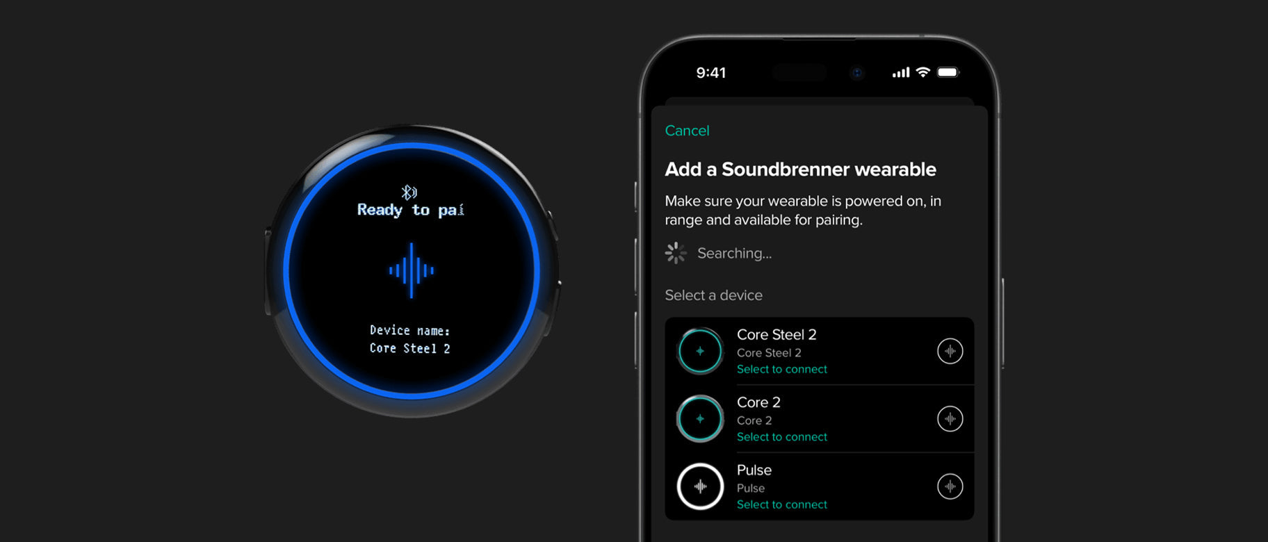 Soundbrenner wearable beside a phone screen for adding a device
