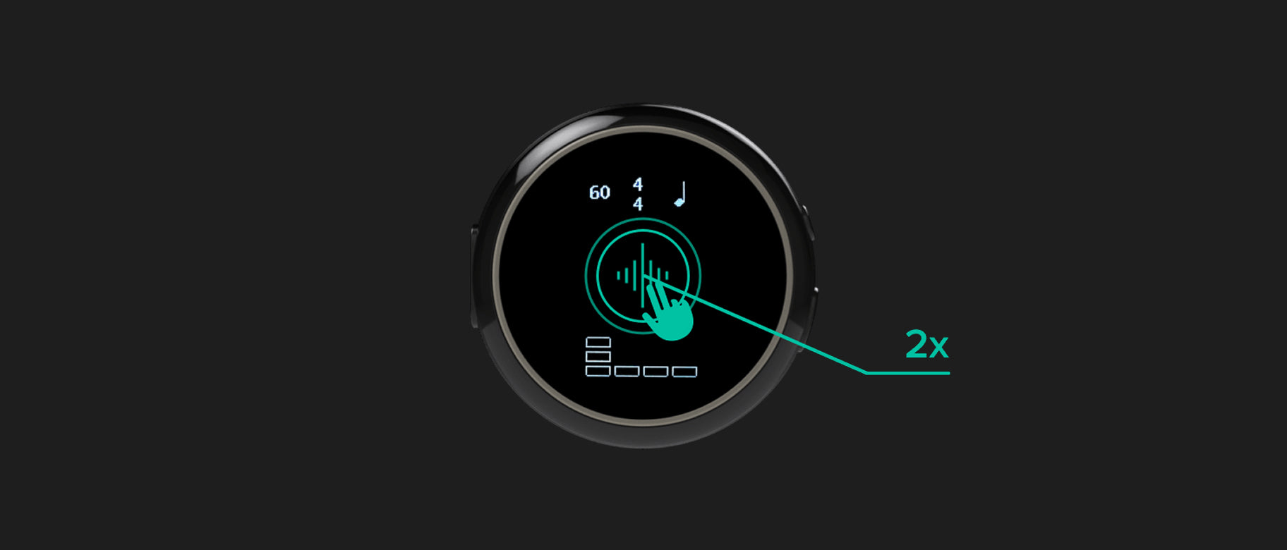 Round wearable device showing a tapping hand icon with a 2x callout