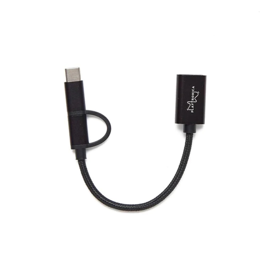 Cable adaptador USB-C trenzado negro con la marca Playtronica